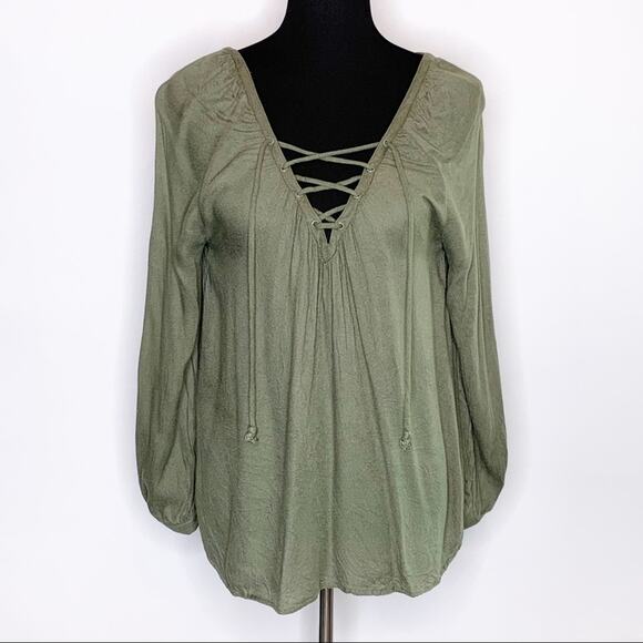 Jack by BB Dakota army green lace up front top - Picture 1 of 16